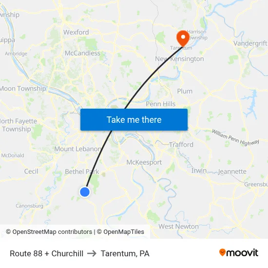 Route 88 + Churchill to Tarentum, PA map