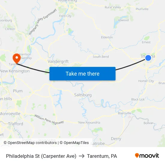 Philadelphia St (Carpenter Ave) to Tarentum, PA map