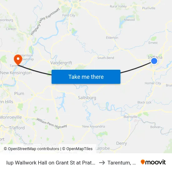 Iup Wallwork Hall on Grant St at Pratt D to Tarentum, PA map