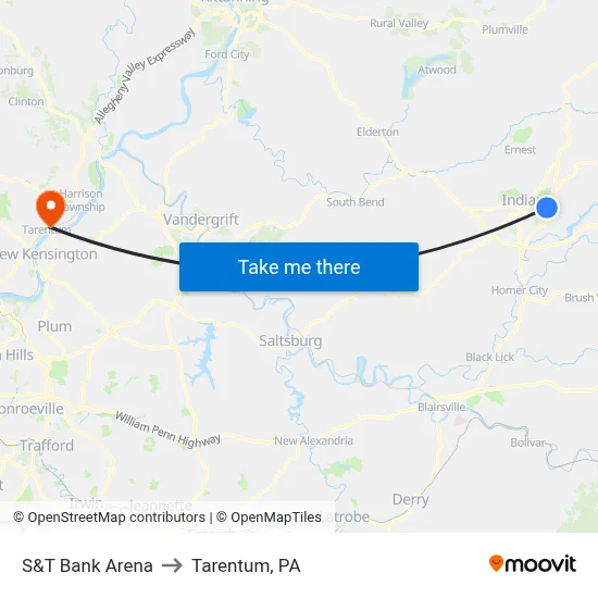S&T Bank Arena to Tarentum, PA map