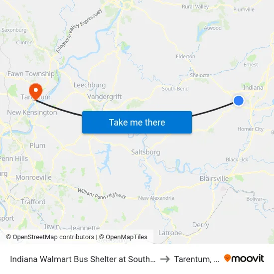 Indiana Walmart Bus Shelter at Southtown to Tarentum, PA map