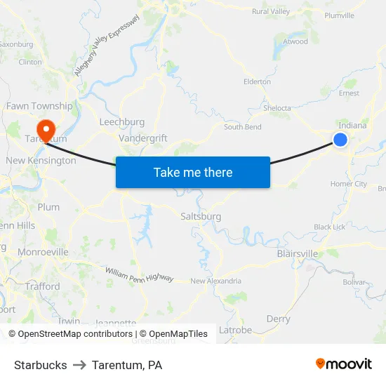 Starbucks to Tarentum, PA map