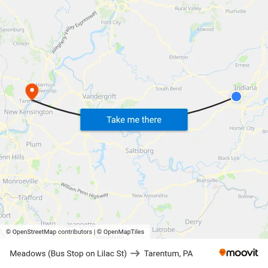 Meadows (Bus Stop on Lilac St) to Tarentum, PA map