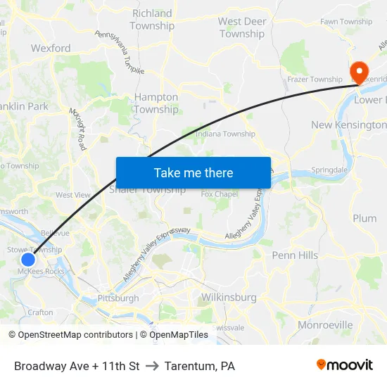 Broadway Ave + 11th St to Tarentum, PA map