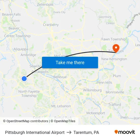 Pittsburgh International Airport to Tarentum, PA map
