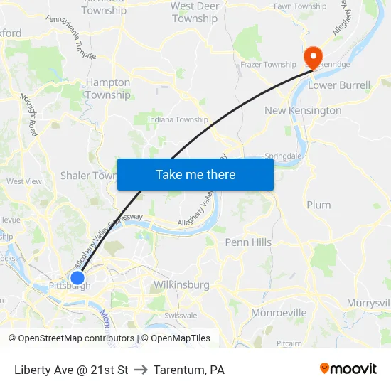 Liberty Ave @ 21st St to Tarentum, PA map