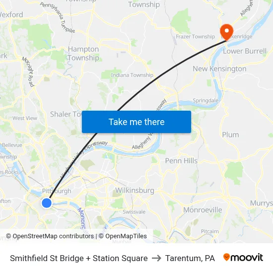 Smithfield St Bridge + Station Square to Tarentum, PA map