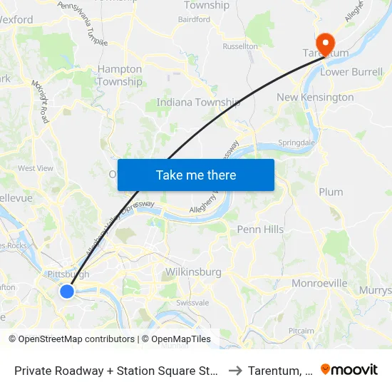 Private Roadway + Station Square Station to Tarentum, PA map