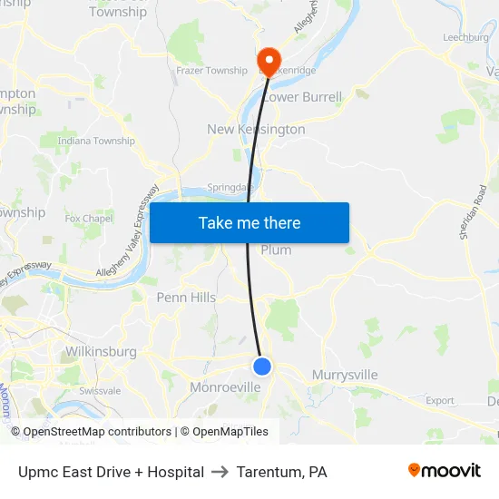 Upmc East Drive + Hospital to Tarentum, PA map
