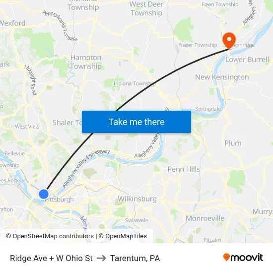 Ridge Ave + W Ohio St to Tarentum, PA map