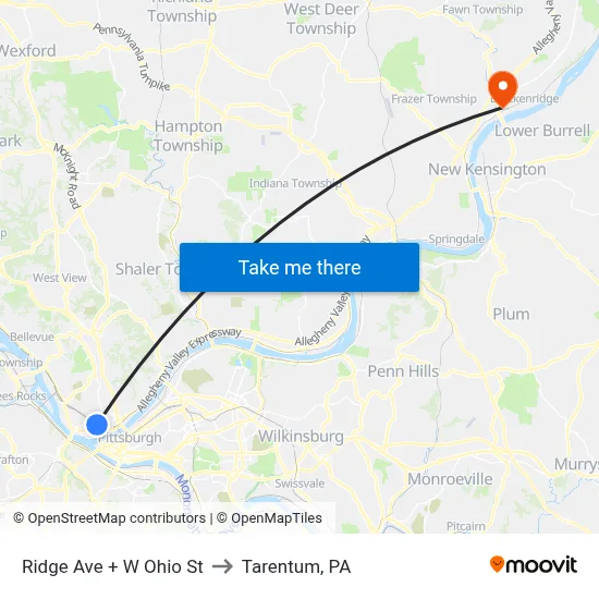 Ridge Ave + W Ohio St to Tarentum, PA map