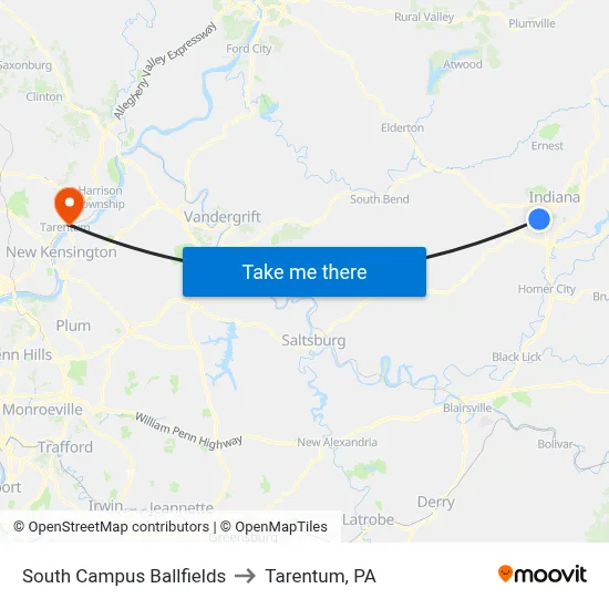 South Campus Ballfields to Tarentum, PA map