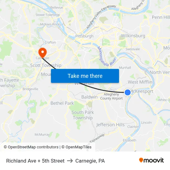 Richland Ave + 5th Street to Carnegie, PA map
