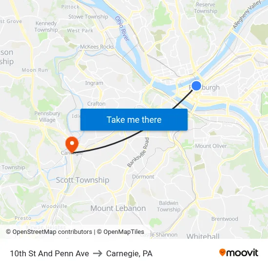 10th St And Penn Ave to Carnegie, PA map