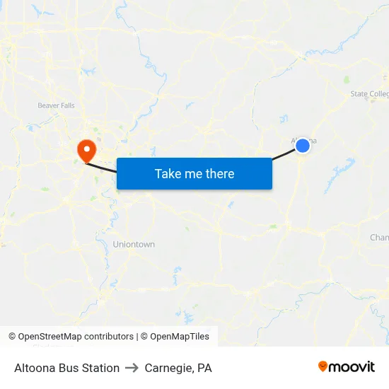 Altoona Bus Station to Carnegie, PA map