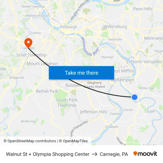 Walnut St + Olympia Shopping Center to Carnegie, PA map