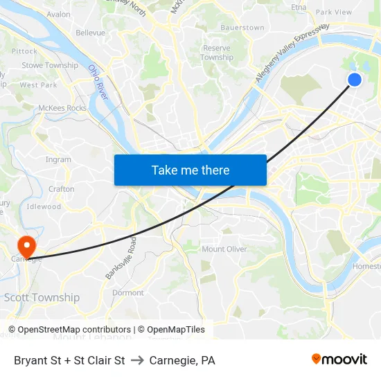 Bryant St + St Clair St to Carnegie, PA map
