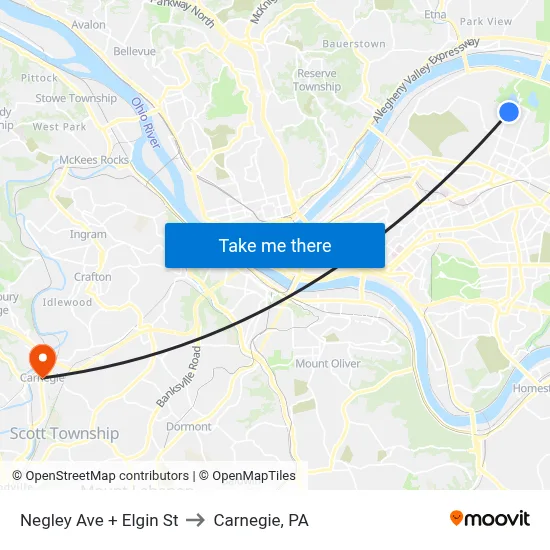 Negley Ave + Elgin St to Carnegie, PA map