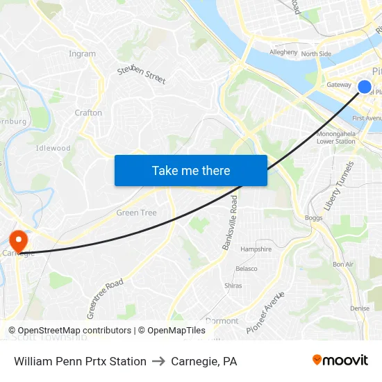 William Penn Prtx Station to Carnegie, PA map