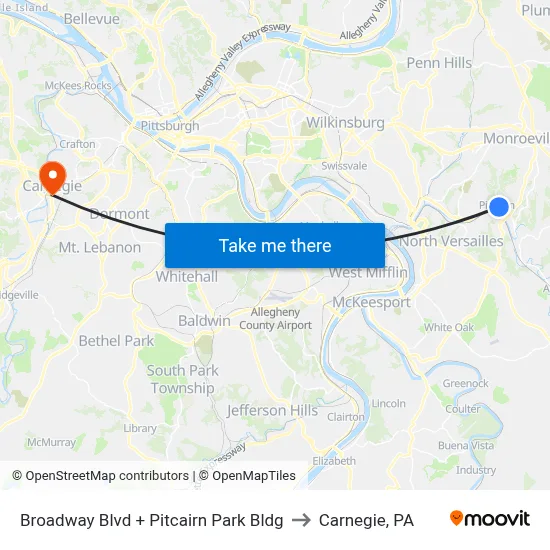 Broadway Blvd + Pitcairn Park Bldg to Carnegie, PA map