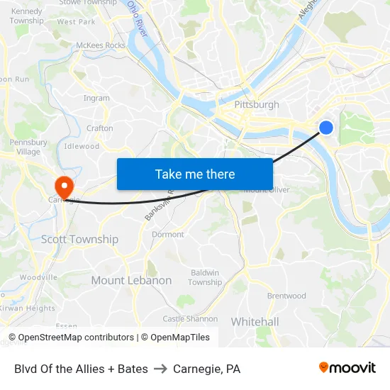 Blvd Of the Allies + Bates to Carnegie, PA map