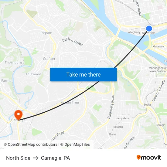 North Side to Carnegie, PA map