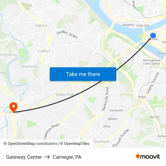 Gateway Center to Carnegie, PA map