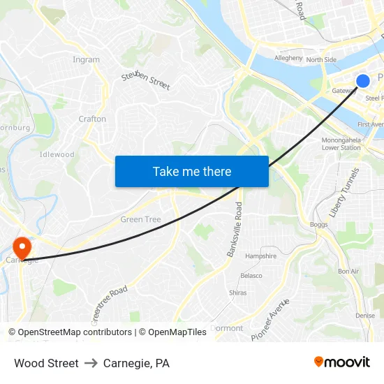 Wood Street to Carnegie, PA map