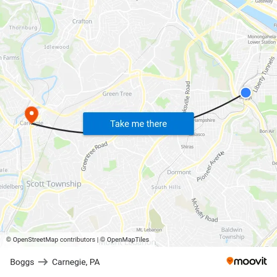 Boggs to Carnegie, PA map