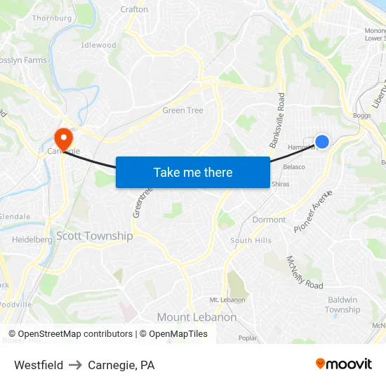 Westfield to Carnegie, PA map