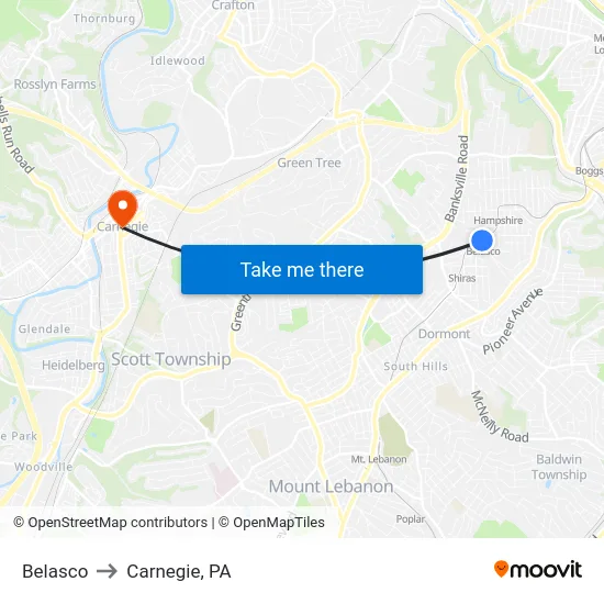 Belasco to Carnegie, PA map