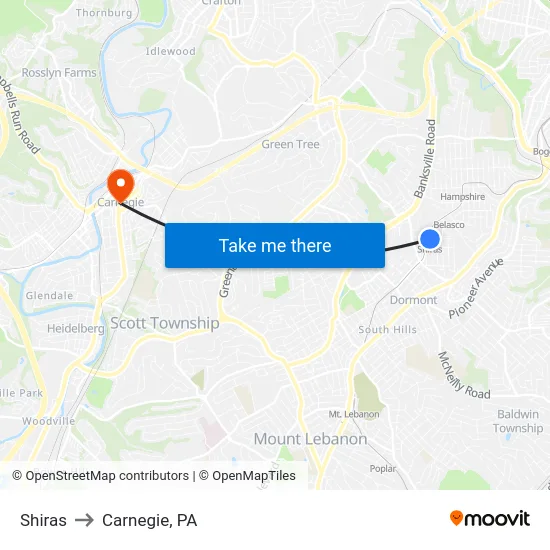 Shiras to Carnegie, PA map