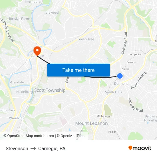 Stevenson to Carnegie, PA map