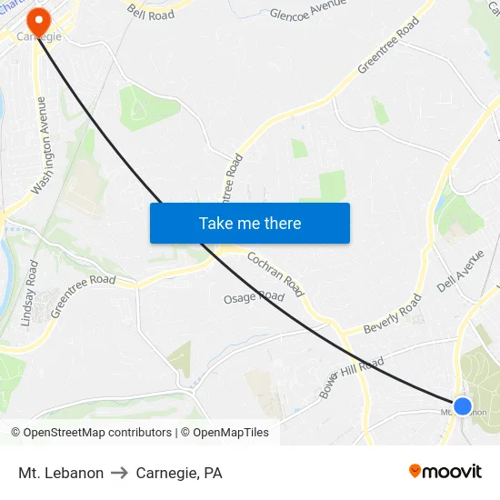 Mt. Lebanon to Carnegie, PA map