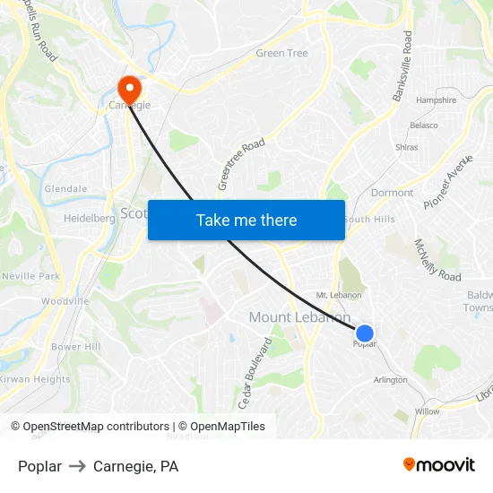 Poplar to Carnegie, PA map