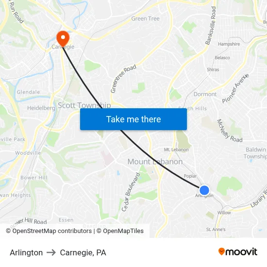 Arlington to Carnegie, PA map