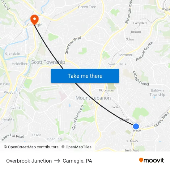 Overbrook Junction to Carnegie, PA map