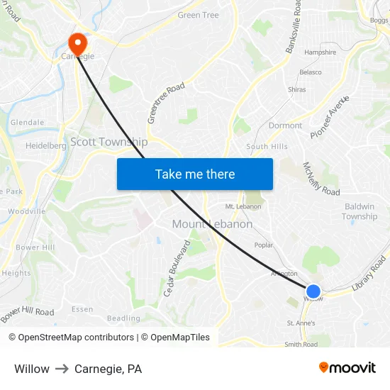 Willow to Carnegie, PA map