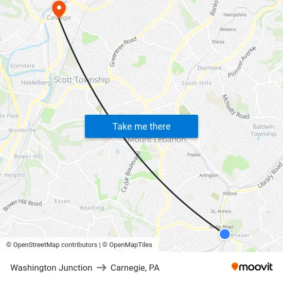 Washington Junction to Carnegie, PA map