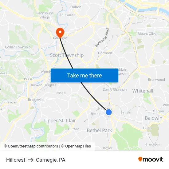 Hillcrest to Carnegie, PA map