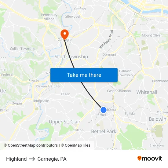 Highland to Carnegie, PA map