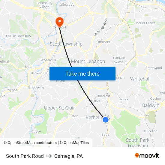 South Park Road to Carnegie, PA map