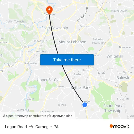 Logan Road to Carnegie, PA map