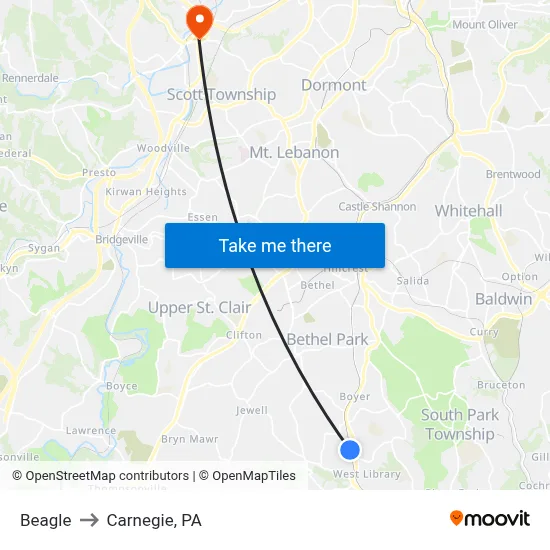 Beagle to Carnegie, PA map