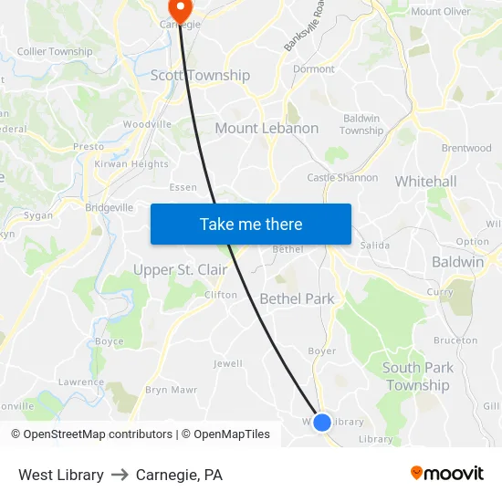 West Library to Carnegie, PA map