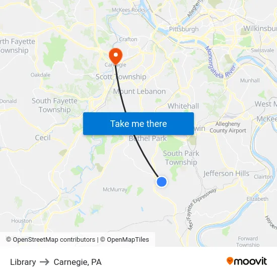 Library to Carnegie, PA map