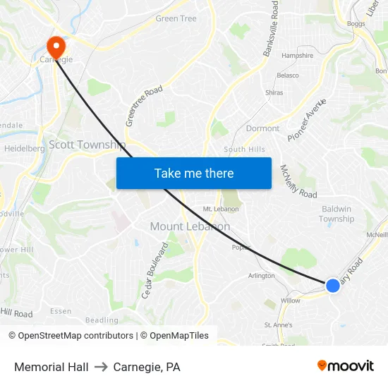 Memorial Hall to Carnegie, PA map
