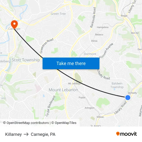 Killarney to Carnegie, PA map