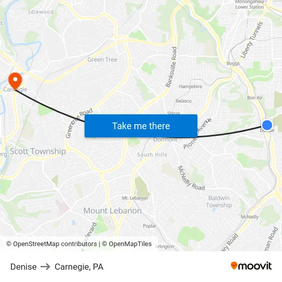 Denise to Carnegie, PA map