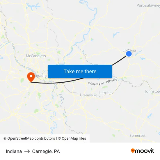 Indiana to Carnegie, PA map